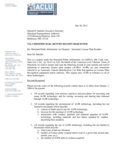 DAVID ROCAH STAFF ATTORNEY July 30, 2012 Harold M. Bartlett, Executive Secretary Maryland Transportation Authority