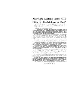 Secretary Califano Lauds NIH; Cites Dr. Fredrickson as ‘Best’ During a brief visit on Feb. 3, HEW Secretary