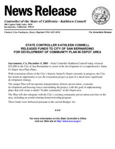 NEWS RELEASE: State Controller Kathleen Connell Releases Funds to City of San Bernardino for Development of Community Plan in Depot Area