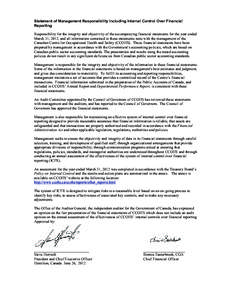 Statement of Management Responsibility Including Internal Control Over Financial Reporting Responsibility for the integrity and objectivity of the accompanying financial statements for the year ended March 31, 2012, and 