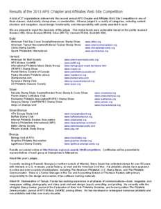 Results of the 2013 APS Chapter and Affiliates Web Site Competition A total of 27 organizations entered into the second annual APS Chapter and Affiliates Web Site Competition in one of three classes--club/society, stamp 