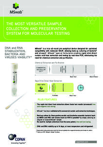 THE MOST VERSATILE SAMPLE COLLECTION AND PRESERVATION SYSTEM FOR MOLECULAR TESTING MSwab™ is a true all-round pre-analytical device designed for optimized compatibility with molecular NAAT, allowing back-up culturing o