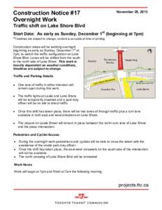 Construction Notice #17 Overnight Work November 29, 2013  Traffic shift on Lake Shore Blvd