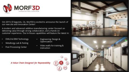 Oct 2015: El Segundo, CA. Morf3D is excited to announce the launch of our new site and Innovation Center! A modern and advanced additive manufacturing center focused on delivering value through strong collaboration, and 