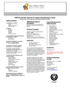 HACCP and the Control of Listeria Workshop