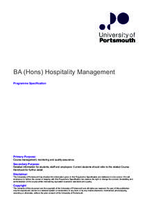 BA (Hons) Hospitality Management Programme Specification Primary Purpose: Course management, monitoring and quality assurance.