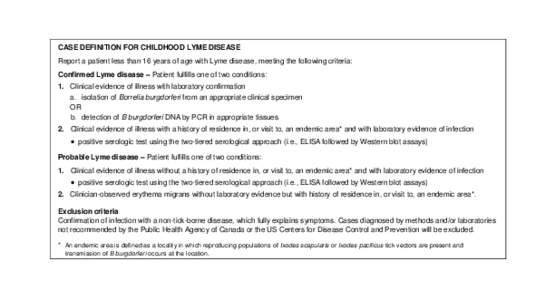 CASE DEFINITION FOR CHILDHOOD LYME DISEASE Report a patient less than 16 years of age with Lyme disease, meeting the following criteria: Confirmed Lyme disease – Patient fulfills one of two conditions: 1. Clinical evid
