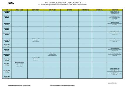 2014 MOTORCYCLING NSW OPEN CALENDAR All Motorcycling Australia National events have yet to be confirmed DATE Thursday 2nd January