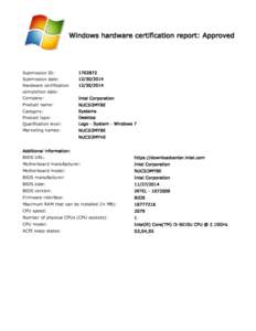 Windows hardware certification report: Approved  Submission ID: Submission date: Hardware certification completion date: