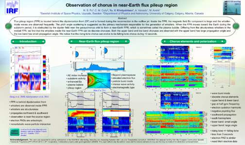 AGU	
  fall	
  meeting	
    2012	
   Observation of chorus in near-Earth flux pileup region H. S. Fu1, C. M. Cully2, Yu. V. Khotyaintsev1, A. Vaivads1, M. André1