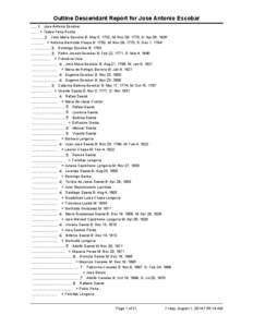 Outline Descendant Report for Jose Antonio EscobarJose Antonio Escobar ..... + Tadea Pena RochaJose Maria Escobar B: May 5, 1752, M: Nov 29, 1770, D: Apr 26, 1826 ........... + Antonia Gertrudis C