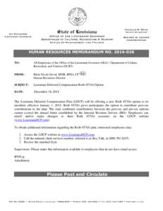 HUMAN RESOURCES MEMORANDUM NO[removed]TO: All Employees of the Office of the Lieutenant Governor (OLG) / Department of Culture, Recreation, and Tourism (DCRT)