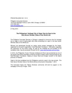 PRESS RELEASE NO[removed]Philippine Consulate General 122 South Michigan Avenue, Suite 1600, Chicago, IL[removed]0621 www.chicagopcg.com 21 May 2014