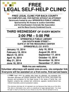 FREE LEGAL SELF-HELP CLINIC FREE LEGAL CLINIC FOR BACA COUNTY VIA COMPUTER LINK, FOR PARTIES WITHOUT AN ATTORNEY Generously hosted by your SPRINGFIELD PUBLIC LIBRARY, Sponsored by the Access to Justice Committee