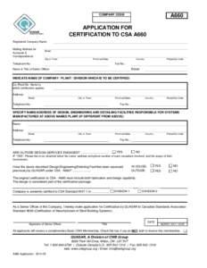 A660  COMPANY CODE APPLICATION FOR CERTIFICATION TO CSA A660