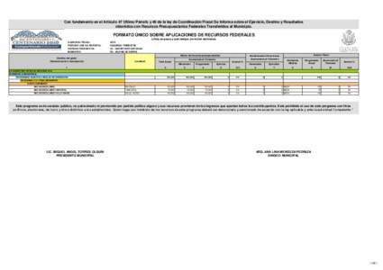 Con fundamento en el Articulo 47 Ultimo Párrafo y 48 de la ley de Coordinación Fiscal Se Informa sobre el Ejercicio, Destino y Resultados obtenidos con Recursos Presupuestarios Federales Transferidos al Municipio. FORM