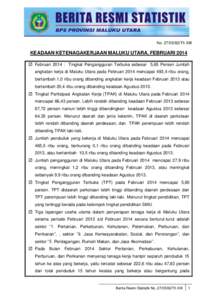 No[removed]Th. XI, 06 Mei 2014 No[removed]Th XIII KEADAAN KETENAGAKERJAAN MALUKU UTARA, FEBRUARI 2014  Februari 2014 : Tingkat Pengangguran Terbuka sebesar 5,65 Persen Jumlah angkatan kerja di Maluku Utara pada Fe