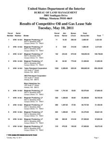 United States Department of the Interior BUREAU OF LAND MANAGEMENT 5001 Southgate Drive Billings, Montana[removed]Results of Competitive Oil and Gas Lease Sale