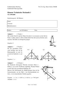 Fachhochschule Hamburg Fachbereich Fahrzeugtechnik Prof. Dr.-Ing. Dieter Scholz, MSME  Klausur Technische Mechanik 1