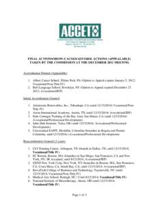 FINAL ACTIONS/SHOW-CAUSES/ADVERSE ACTIONS (APPEALABLE) TAKEN BY THE COMMISSION AT THE DECEMBER 2011 MEETING Accreditation Denied (Appealable) 1. Albert Career School, Elkins Park, PA (Option to Appeal expires January 5, 