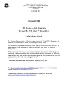 IMF Mission to Visit Bulgaria; February 20, 2015