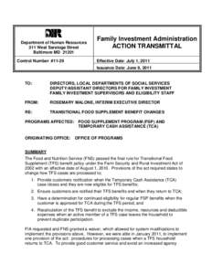 Department of Human Resources 311 West Saratoga Street Baltimore MD[removed]Control Number: #[removed]Family Investment Administration