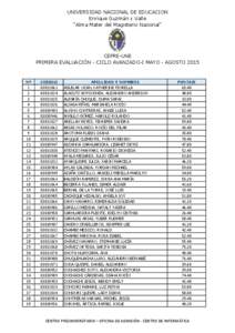 UNIVERSIDAD NACIONAL DE EDUCACION Enrique Guzmán y Valle “Alma Mater del Magisterio Nacional” CEPRE-UNE PRIMERA EVALUACIÓN - CICLO AVANZADO-I MAYO - AGOSTO 2015