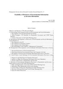 Management Advisory Service Research Committee Research Report No. 27  Feasibility of Disclosure of Environmental Information as Investor Information July 19, 2006 Japanese Institute of Certified Public Accountants