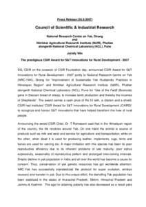 Press Release[removed]Council of Scientific & Industrial Research National Research Centre on Yak, Dirang and Nimbkar Agricultural Research Institute (NARI), Phaltan