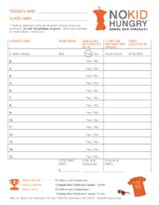 Teacher’s Name: _____________________________ School Name: _______________________________ ** Note to teachers: Only list student’s whose funds are enclosed. Do not list pledges or goals. Shirts are available in Yout