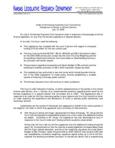 Order of the Kansas Supreme Court Concerning Distribution of Money to School Districts