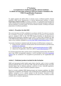 2nd Invitation to manufacturers of influenza-specific antiviral medicines to submit an Expression of Interest (EOI) for product evaluation to the WHO Prequalification Programme (June 2009)