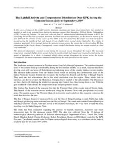 Pakistan Journal of Meteorology  Vol. 8, Issue 16: Jan 2012 The Rainfall Activity and Temperatures Distribution Over KPK during the Monsoon Season (July to September) 2009