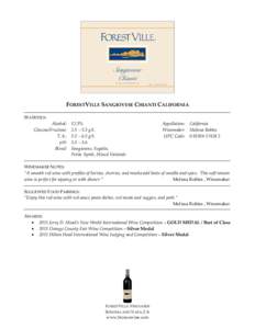 FORESTVILLE SANGIOVESE CHIANTI CALIFORNIA STATISTICS: Alcohol: Glucose/Fructose: T.A.: pH: