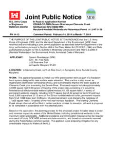 Joint Public Notice U.S. Army Corps of Engineers Baltimore District  In Reply to Application Number