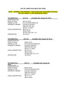 LIST OF LANDS AVAILABLE FOR TAXES NOTE: INTEREST AND PROPERTY TAXES FOR EACH YEAR SINCE THE SALE WILL BE ADDED TO THE OPENING BID PRICE. TAX DEED FILE:_______2012-25_____(Available after August 30, 2013)_________ CERTIFI