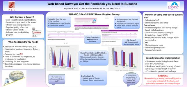 Web-based Surveys: Get the Feedback you Need to Succeed Jacqueline N. Siano, MA, PES & Bonnie Niebuhr, MS, RN, CAE, CEO, ABPANC ABPANC CPAN®/CAPA® Recertification Survey Why Conduct a Survey? • Gain valuable stakehol