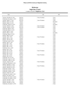 Please call SCS to book your Registrars hearing  Kelowna Supreme Court Available court date(s): Registrars, Civil Date