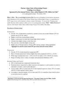Partner Abuse State of Knowledge Project Findings At-a-Glance Sponsored by the Journal Partner Abuse, John Hamel, LCSW, Editor-in-Chief 1