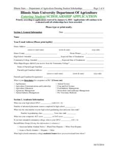 Illinois State --- Department of Agriculture Entering Student Scholarships  Page 1 of 4 Illinois State University Department Of Agriculture Entering Student SCHOLARSHIP APPLICATION