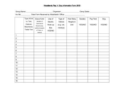 Woodlands Play ‘n’ Stay Information FormGroup Name:_______________________________ Organiser:_____________________ Camp Dates:_____________________ Inv No:___________ Date Form Received by Woodlands’ Off