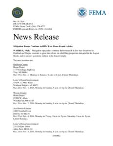 Oct. 19, 2014  DR-4195-MI NR-015 FEMA News Desk: ([removed]EMHSD contact: Ron Leix[removed]