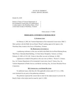 STATE OF VERMONT PUBLIC SERVICE BOARD Docket No[removed]Petition of State of Vermont Department of Environmental Conservation, for authorization