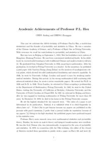 Academic Achievements of Professor P.L. Hsu CHEN Jiading and ZHENG Zhongguo