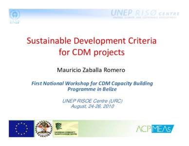 Sustainable Development Criteria  for CDM projects Mauricio Zaballa Romero First National Workshop for CDM Capacity Building  Programme in Belize  UNEP RISOE Centre (URC)