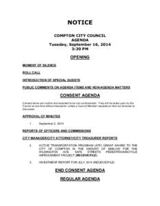 NOTICE COMPTON CITY COUNCIL AGENDA Tuesday, September 16, 2014 3:30 PM