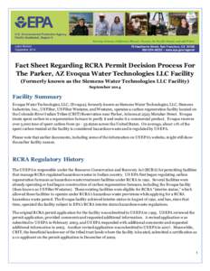 Land Division September 2014 Fact Sheet Regarding RCRA Permit Decision Process For The Parker, AZ Evoqua Water Technologies LLC Facility (Formerly known as the Siemens Water Technologies LLC Facility)