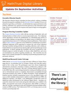 HathiTrust Digital Library Update On September Activities October 11,11, 2013