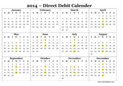 2014 – Direct Debit Calender January S M