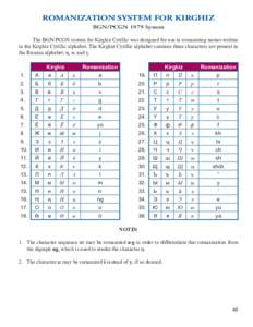 ROMANIZATION SYSTEM FOR KIRGHIZ BGN/PCGN 1979 System The BGN/PCGN system for Kirghiz Cyrillic was designed for use in romanizing names written in the Kirghiz Cyrillic alphabet. The Kirghiz Cyrillic alphabet contains thre